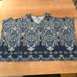 Cinnamon Girl Tunic Top Women L Blue Floral Paisley Cold Shoulder V Neck Boho